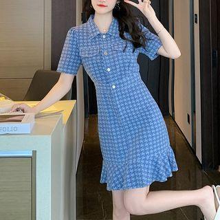 Short-sleeve Collar Houndstooth Sheath Dress