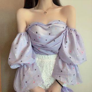 Off-shoulder Dotted Blouse / Midi A-line Lace Skirt