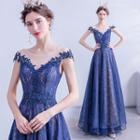 Cap-sleeve Sheer Panel Floral Applique A-line Gown