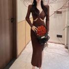 V-neck Cut-out Slit Knit Midi Sheath Dress