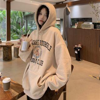 Lettering Bear Print Hoodie Almond - One Size
