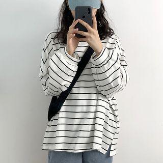 Long-sleeve Striped T-shirt / High-waist Denim Shorts