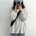 Long-sleeve Striped T-shirt / High-waist Denim Shorts