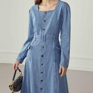 Square-neck Long-sleeve Midi A-line Denim Dress