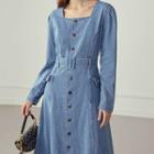 Square-neck Long-sleeve Midi A-line Denim Dress