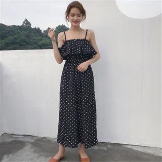 Dotted Spaghetti-strap Wide-leg Jumpsuit