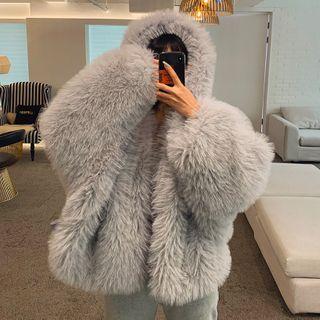Hooded Balloon-sleeve Faux-fur Jacket
