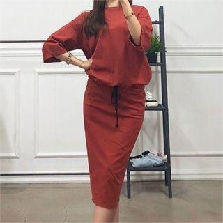 Set: Elbow-sleeve Drawstring-hem Top + Midi Skirt