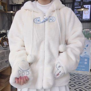 Bear Hooded Pompom Zip Jacket As Shown In Figure - One Size