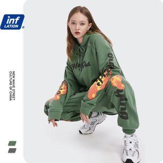 Unisex Fire-print Hooded Pullover / Sweatpants