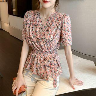 Short-sleeve Tie-waist Floral Chiffon Blouse