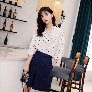 Dotted Elbow-sleeve Blouse / High Waist Shorts