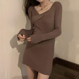 Long-sleeve Knit V-neck Mini Bodycon Dress