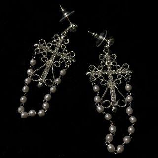 Faux Pearl Cross Dangle Earring 1001a - White - One Size