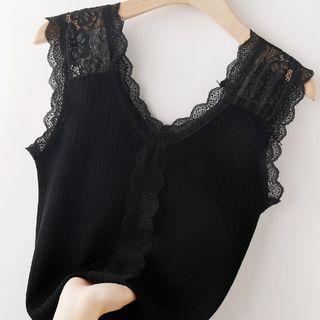 Sleeveless Lace Trim V-neck Knit Top