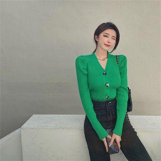 Balloon-sleeve Plain Cardigan