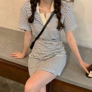 Short-sleeve Collar Striped Mini Sheath Dress Black Stripe - White - One Size
