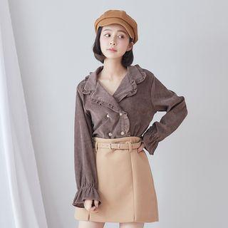 Double Breast Frilled Trim Corduroy Top