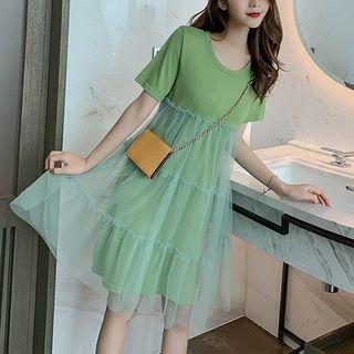 Short-sleeve Mesh Overlay Knitted Dress