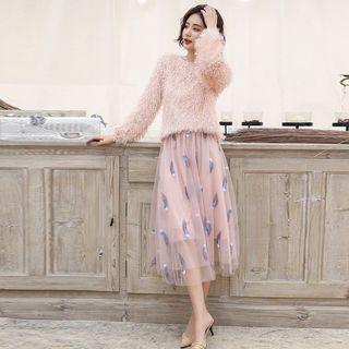 Set: Long-sleeve Fringed Top + Midi A-line Mesh Skirt