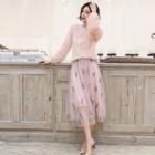 Set: Long-sleeve Fringed Top + Midi A-line Mesh Skirt