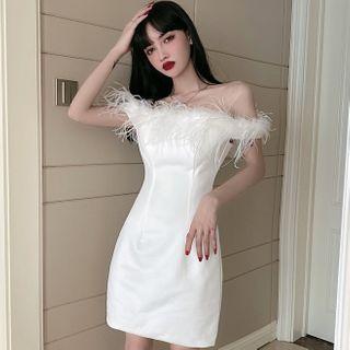 Fluffy Trim Off-shoulder Mini Sheath Dress