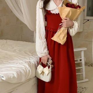 Long-sleeve Sailor Collar Blouse / Midi A-line Overall Dress