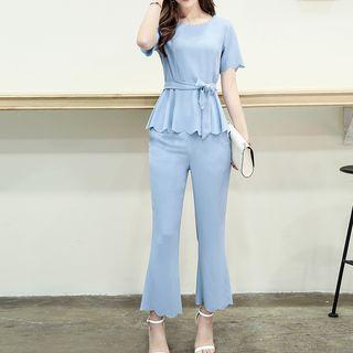 Set: Scallop Trim Short Sleeve Top + Boot Cut Pants