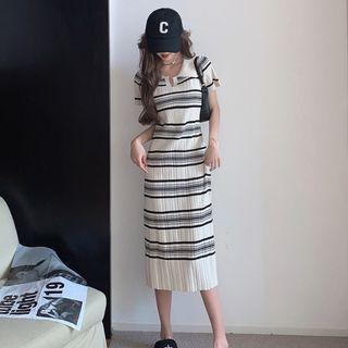 Short-sleeve Striped Knit Midi Polo Dress