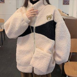 Set: Bear Embroidered Two-tone Faux Shearling Jacket + Crossbody Bag