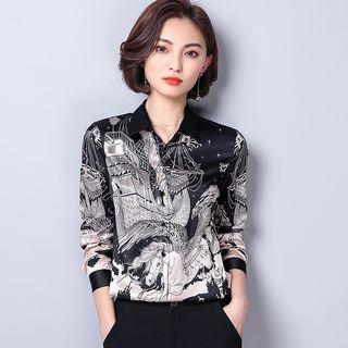 Stand-collar Long-sleeved Floral Print Slim Blouse