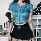 Butterfly Embroidered Tie-dye Print Button Short-sleeve Cropped T-shirt