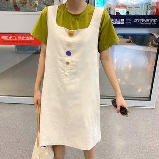 Set: Short-sleeve T-shirt + Pinafore Dress Pinafore Dress - One Size / T-shirt - Avocado Green - One Size