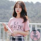Lettering Lace-back Elbow-sleeve T-shirt / Plaid Pleated Mini A-line Skirt
