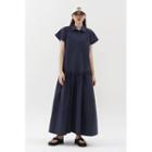 Cap-sleeve Shirred Maxi Dress Navy Blue - One Size