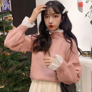 Eyelet Lace Trim Mock Neck Sweater