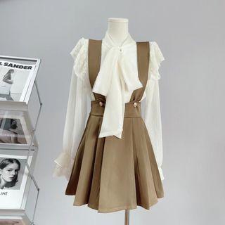 Chiffon Blouse / Pleated Mini A-line Overall Dress / Set