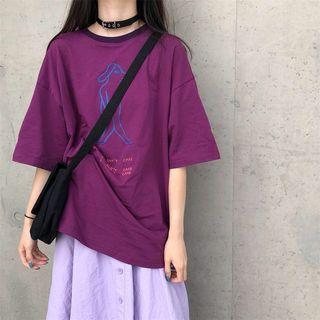 Printed Short-sleeve Top Purple - One Size