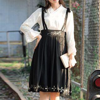 Set: Plain Long Sleeve Top + Flower Embroidered Midi Suspender Skirt