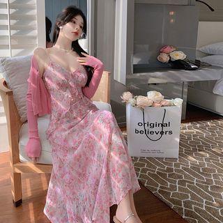 Spaghetti-strap V-neck Floral Midi Sundress / Long Sleeve Crop Cardigan