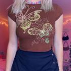 Butterfly Printed Short Sleeve Skinny Cropped Top