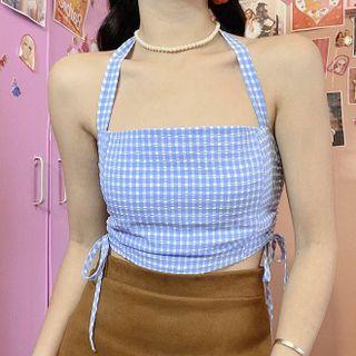 Plaid Drawstring Halter Top