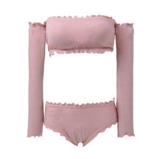 Off-shoulder Ruffle Trim Long-sleeve Tankini