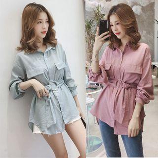 Long-sleeve Plain Blouse With Belt