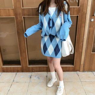 Set: Diamond Cardigan + Knit A-line Skirt Cardigan & Skirt - One Size