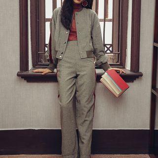 Set: Lantern-sleeve Baseball Jacket + High-waist Pants