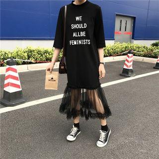 Letter Elbow-sleeve Lace Panel Dress