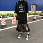Letter Elbow-sleeve Lace Panel Dress