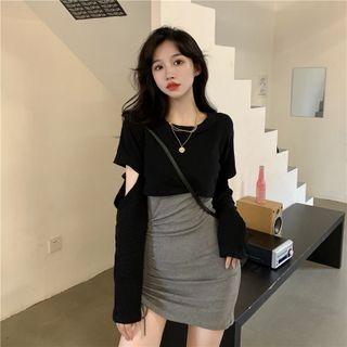 Round-neck Plain Cutout Cropped Top / Plain Skinny Drawstring Mini Dress