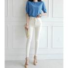 Double-button Fray-hem Skinny Pants